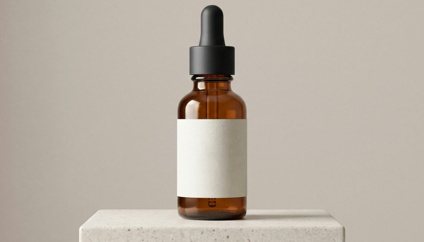 Amber glass dropper bottle with a blank label standing on a concrete block (photo: Avtar Singh / Unsplash)