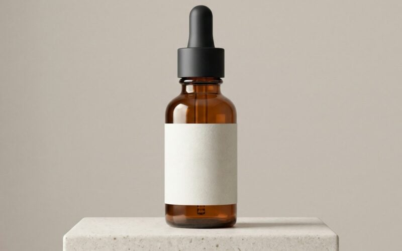 Amber glass dropper bottle with a blank label standing on a concrete block (photo: Avtar Singh / Unsplash)