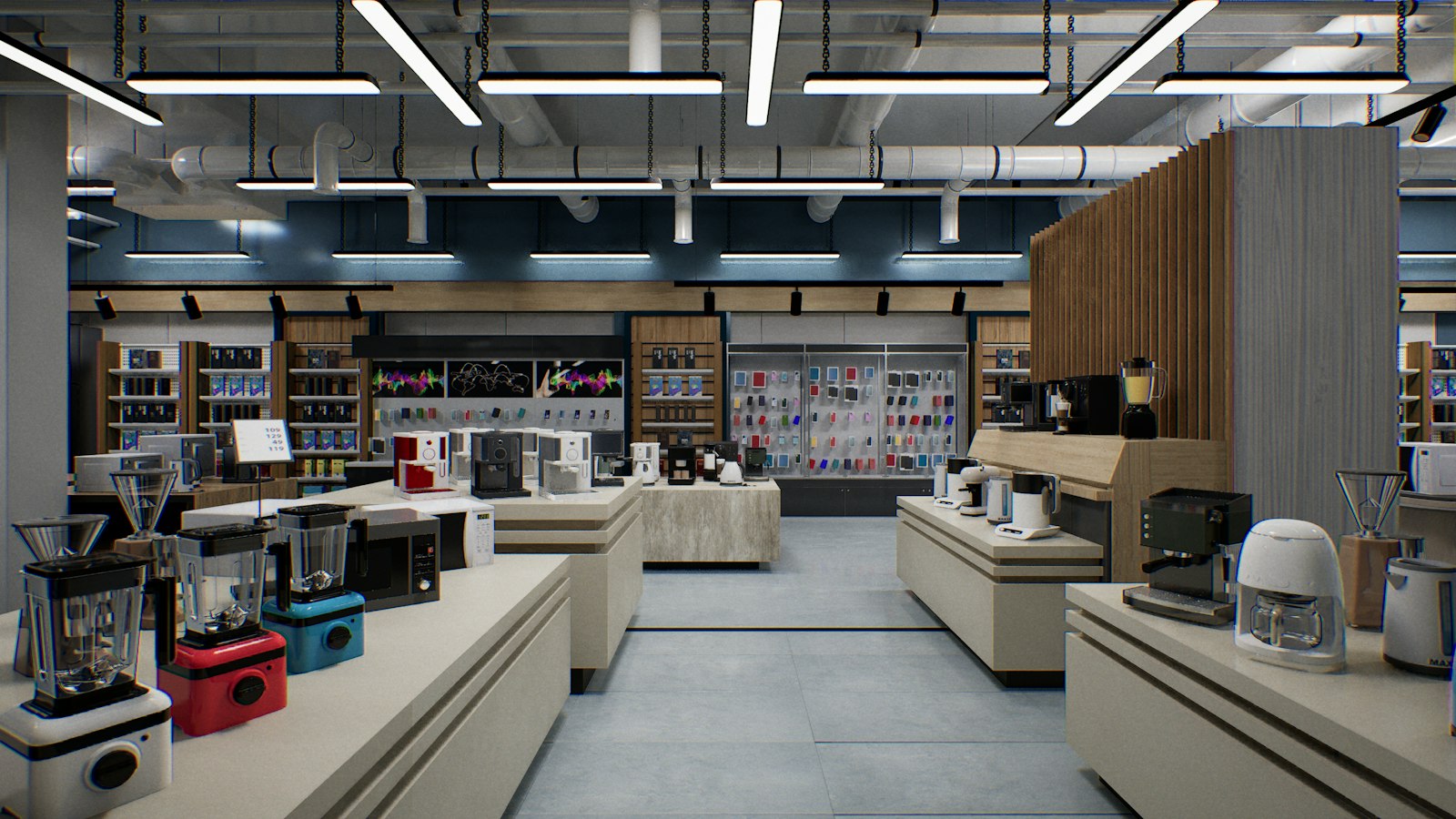 A bright modern retail showroom with blenders and coffee machines displayed on low plinths