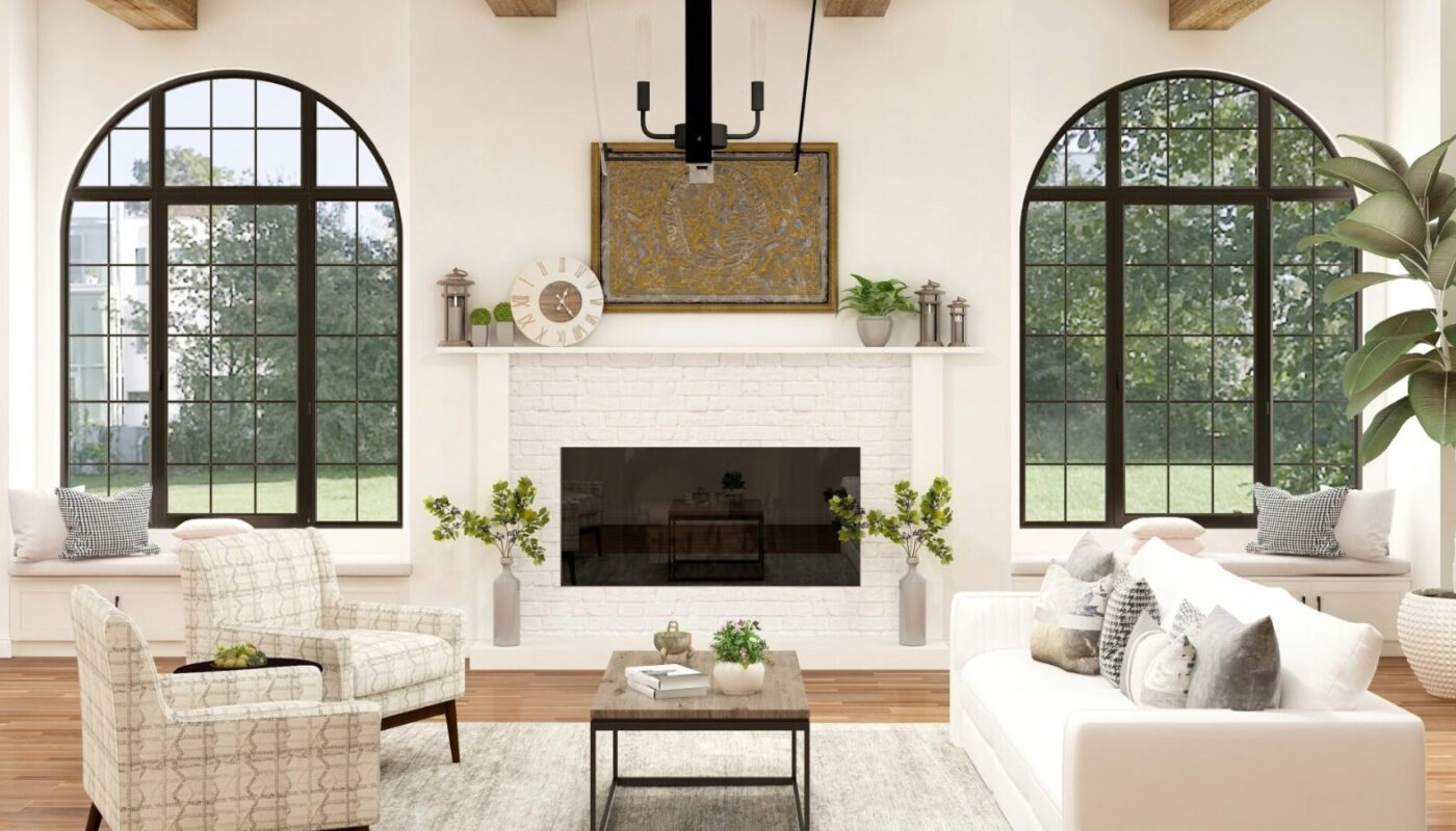 Bright living room with arched windows, exposed wood beams and a white brick fireplace