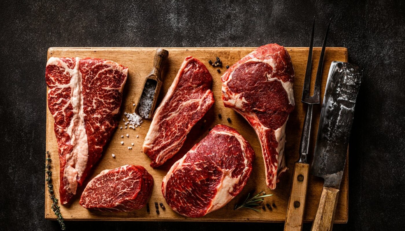 Raw marbled steaks on a wooden board with a knife and fork (photo: Sergey Kotenev / Unsplash)