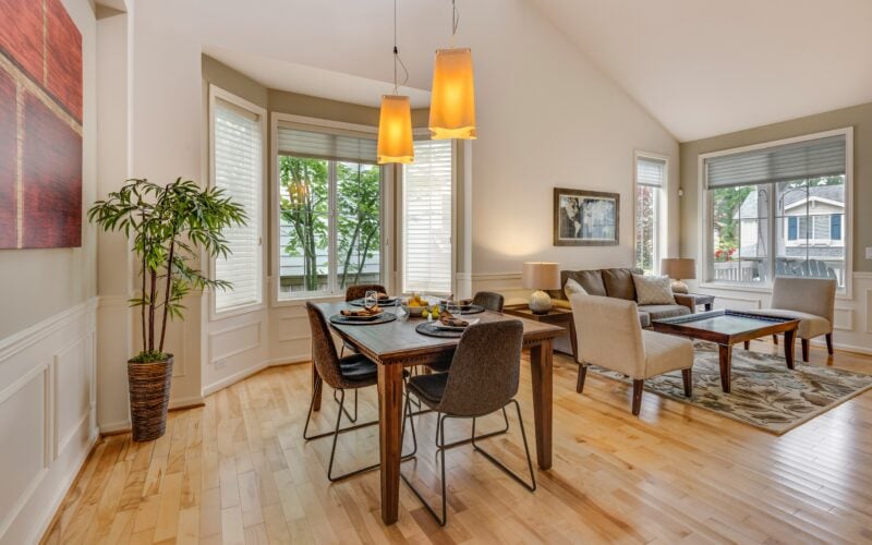 Bright dining room with a wooden table, houseplant and large windows