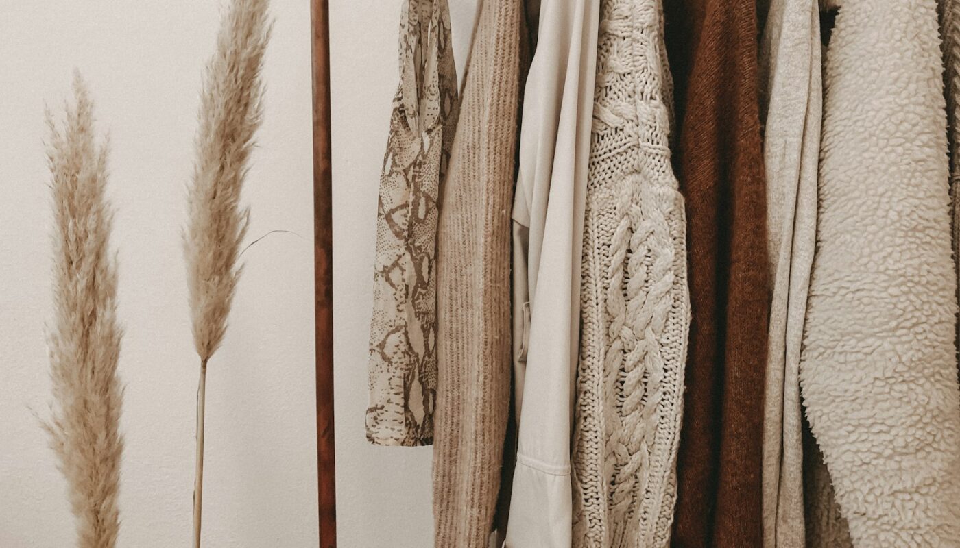 Neutral knitwear and jackets hanging on a rail beside dried pampas grass (photo: Alyssa Strohmann / Unsplash)