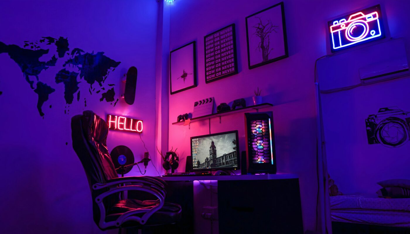 A gaming room lit in purple and pink neon with a desk setup (photo: Chuck Fortner / Unsplash)