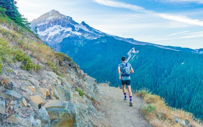 A runner on a mountain trail with a snow-capped peak behind (photo: Brian Erickson / Unsplash)