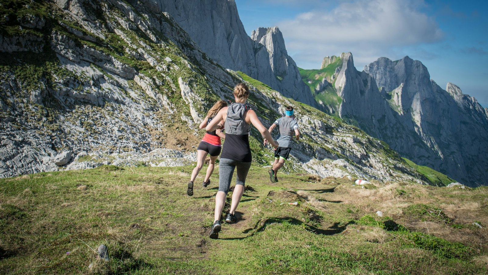 A group of trail runners climbing a green mountain slope (photo: Lucas Canino / Unsplash)