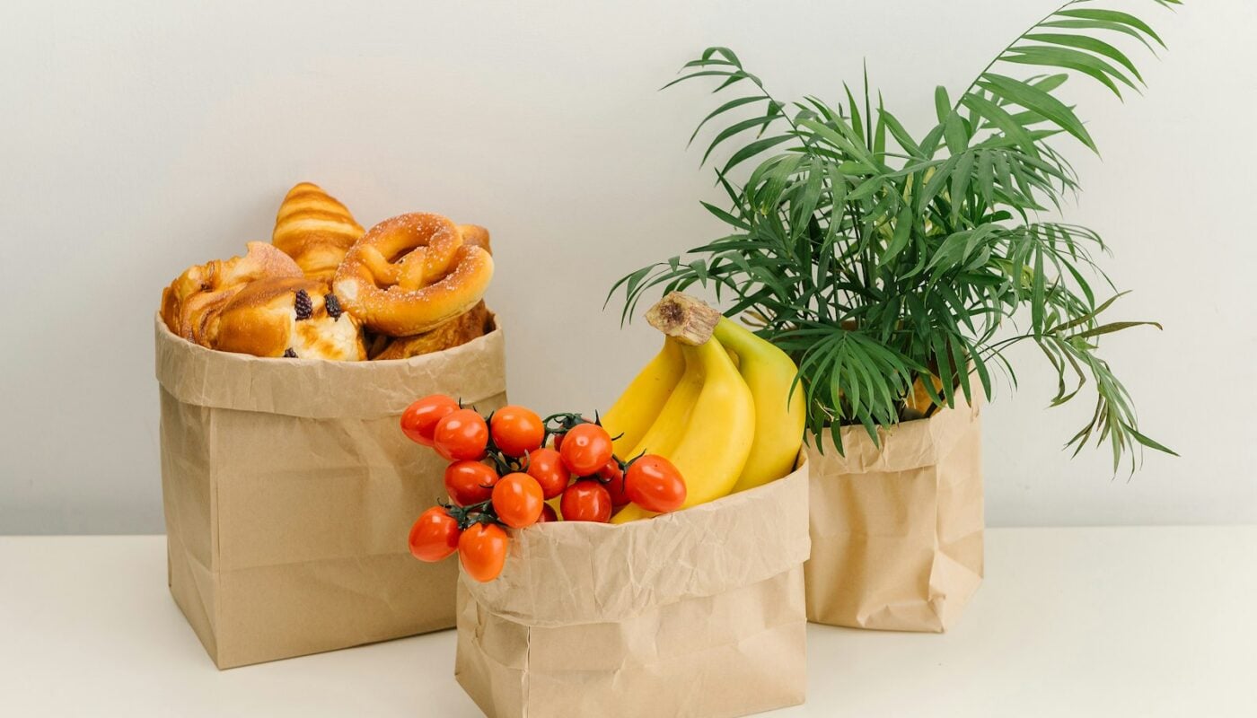 Paper bags holding fresh groceries and a plant (photo: Archer Fu / Unsplash)