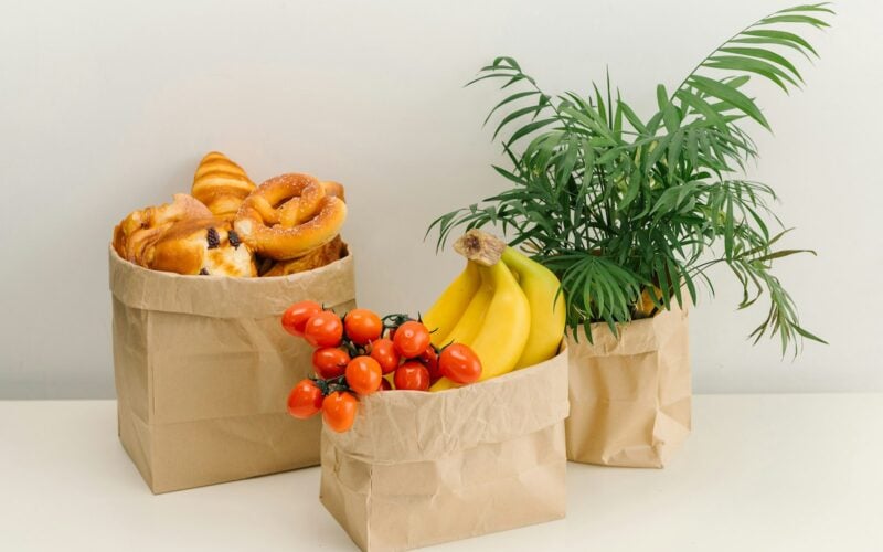 Paper bags holding fresh groceries and a plant (photo: Archer Fu / Unsplash)