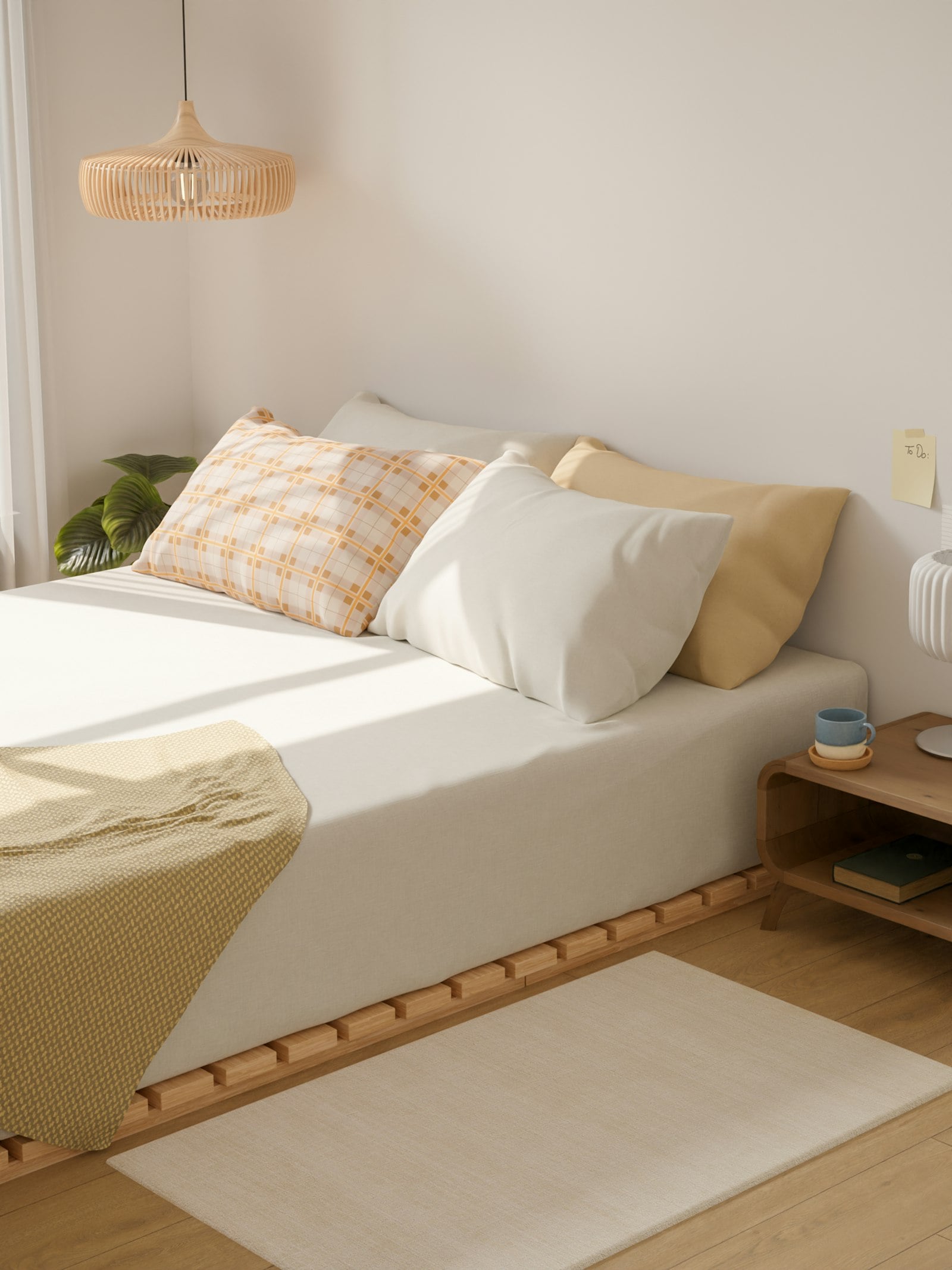 Low wooden bed with pillows in soft morning sunlight (photo: Zulian Firmansyah / Unsplash)
