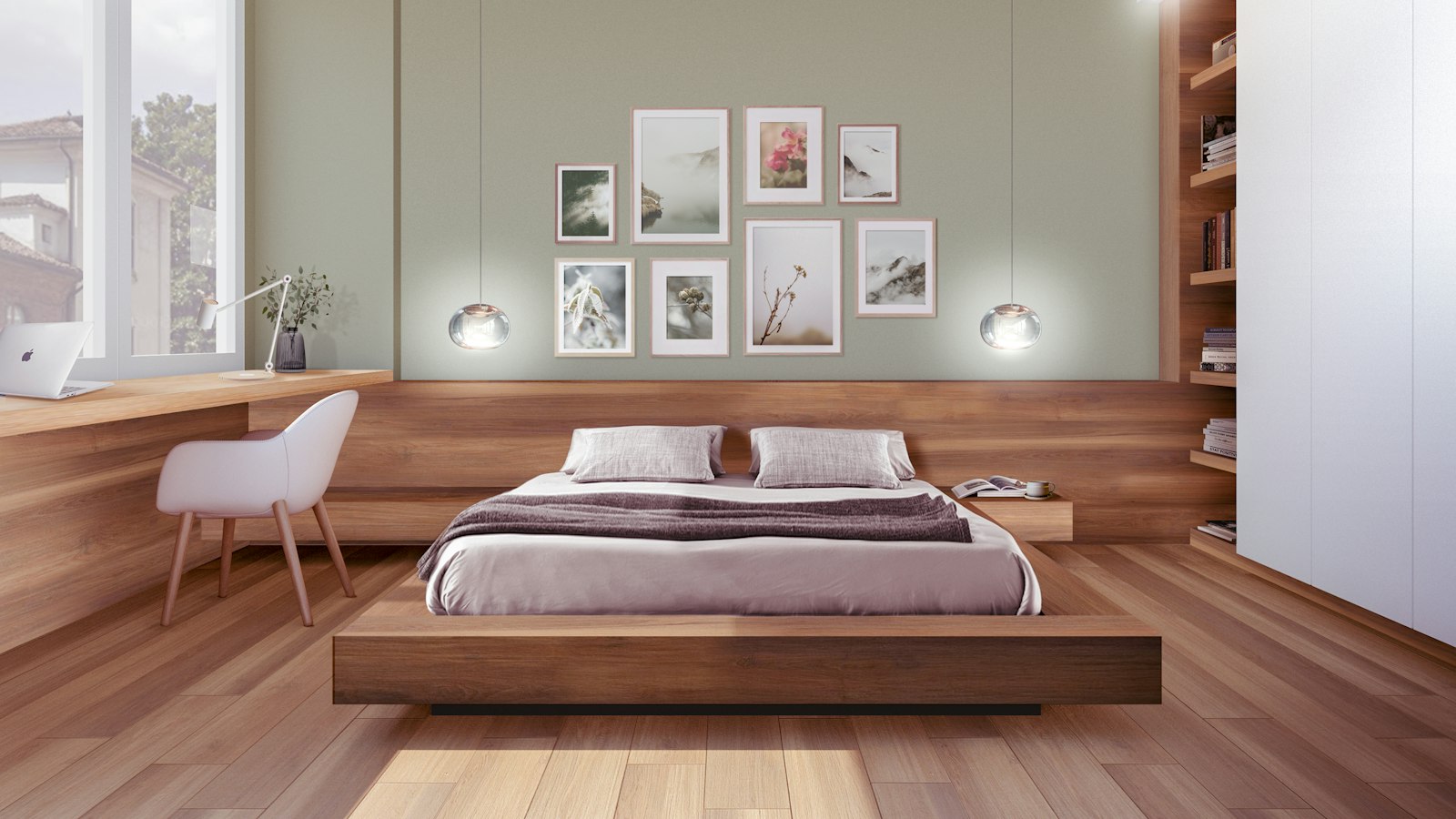 A calm bedroom with a low wooden bed frame and framed prints (photo: laura adai / Unsplash)